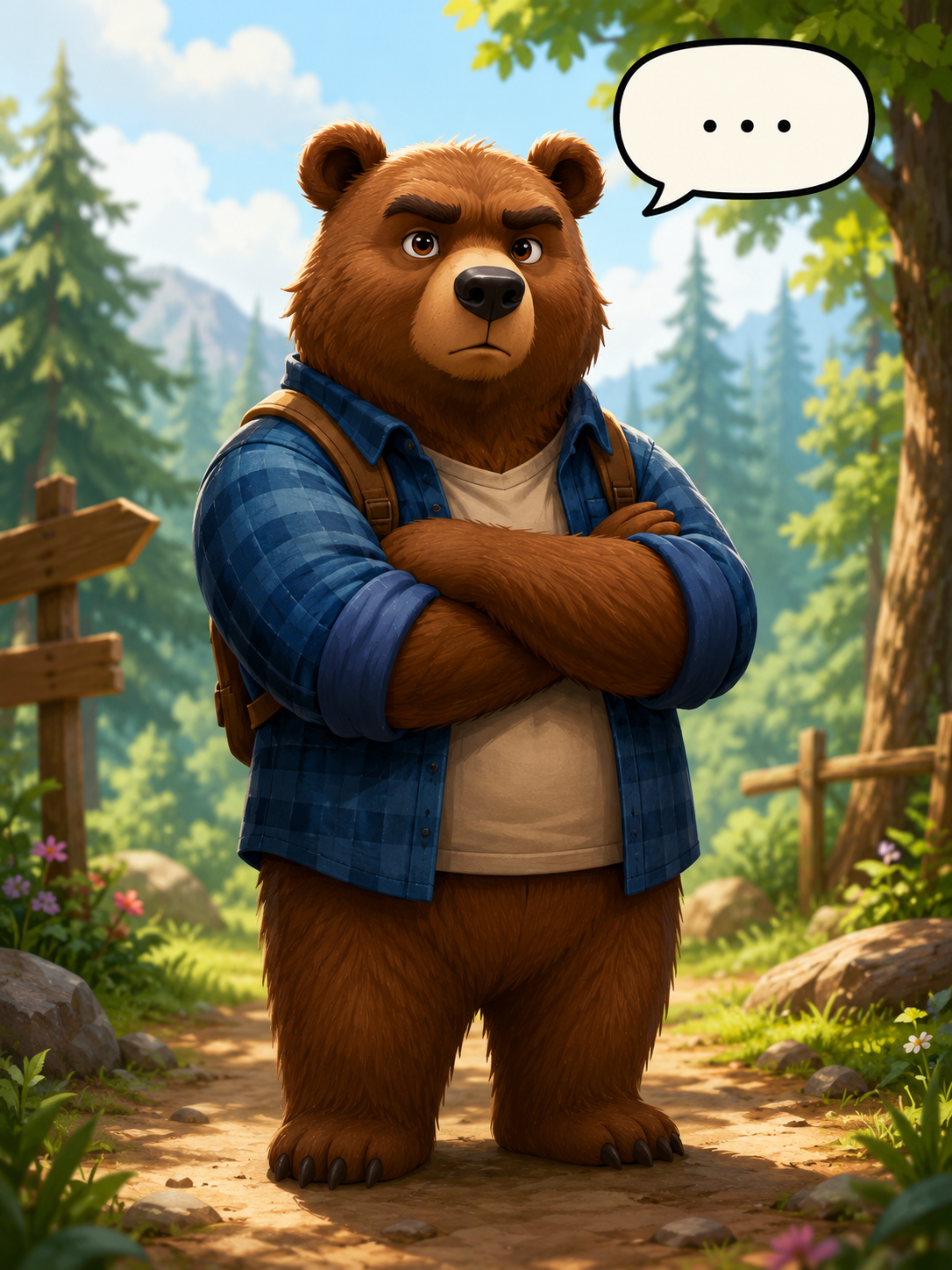 Cute Thoughtful Bear Character with Speech Bubble