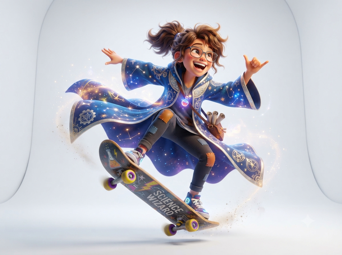 Joyful Young Science Wizard on Skateboard