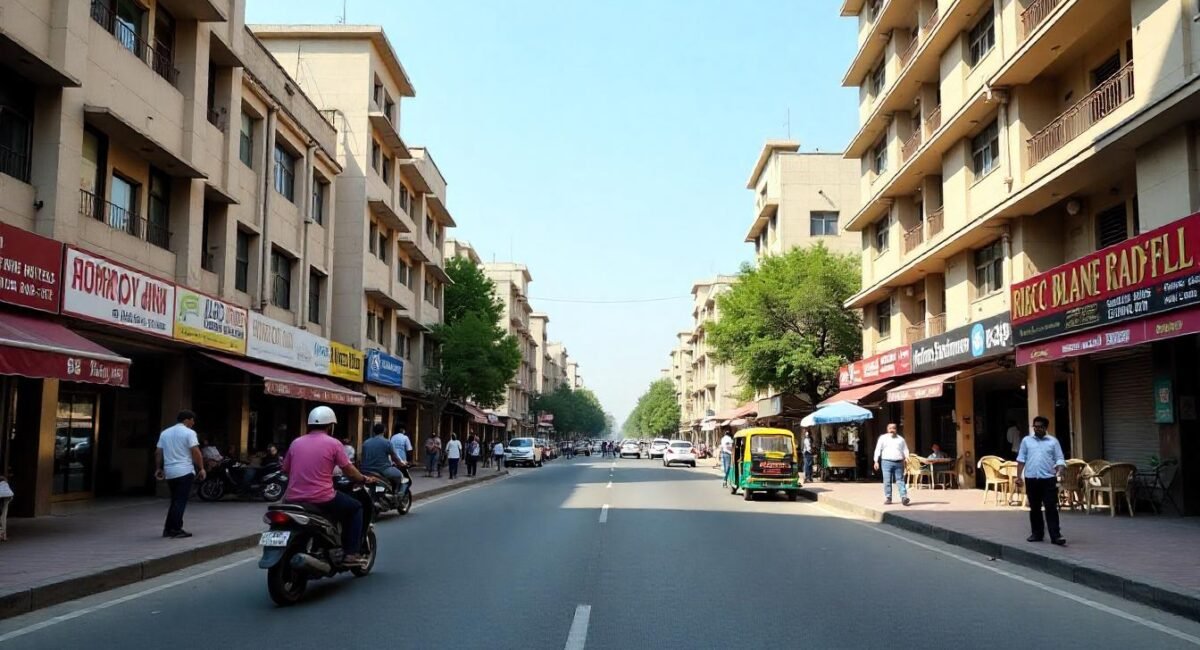 Street view of hotels near Hisar Railway Station including Hotel Sky Way Inn and Hotel Desire, with Indian street life and clear skies.