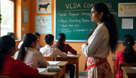 Students attending VLDA coaching in Hisar classroom with AGRI Academy, Ours Academy, Achievers, and Zoom Academy banners.