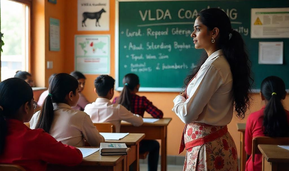 Students attending VLDA coaching in Hisar classroom with AGRI Academy, Ours Academy, Achievers, and Zoom Academy banners.