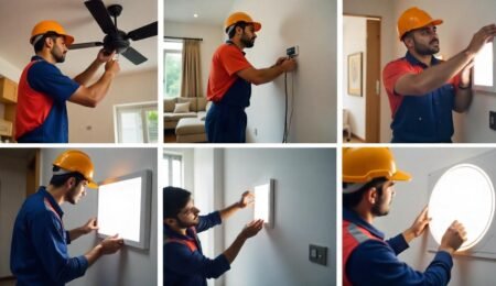 Electrician near me in Hisar showing multiple home electrical services – fan repair, switchboard installation, geyser repair, inverter wiring, and LED light fitting