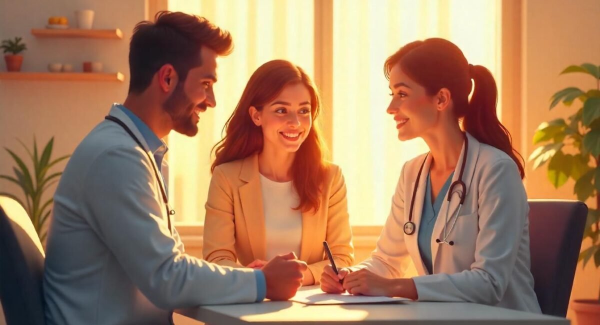 Illustration of a couple consulting a fertility specialist in a modern IVF clinic in Hisar, India