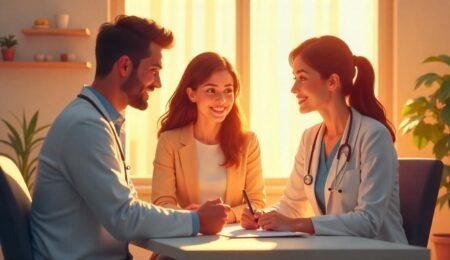 Illustration of a couple consulting a fertility specialist in a modern IVF clinic in Hisar, India