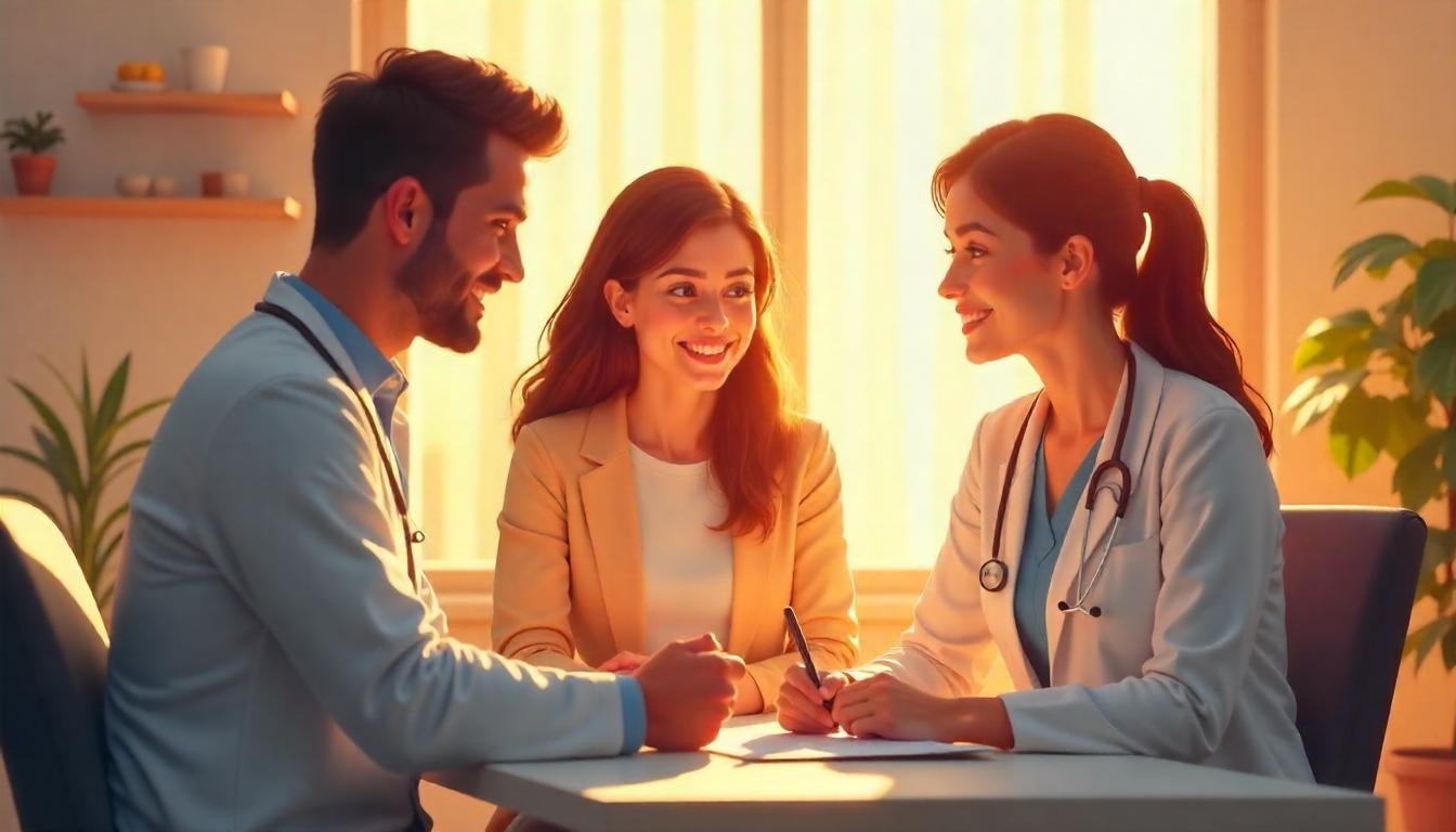 Illustration of a couple consulting a fertility specialist in a modern IVF clinic in Hisar, India