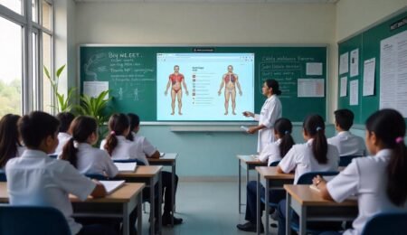 NEET coaching classroom in Hisar with students studying biology and NEET preparation materials