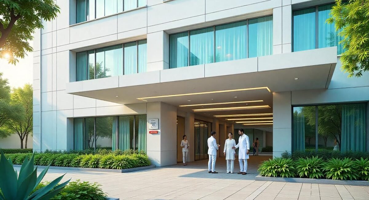 Modern cancer treatment hospital in Hisar with doctors and patients outside