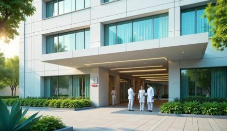 Modern cancer treatment hospital in Hisar with doctors and patients outside