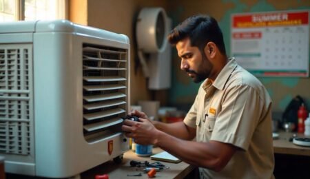 Technician repairing a desert air cooler in a local Hisar workshop