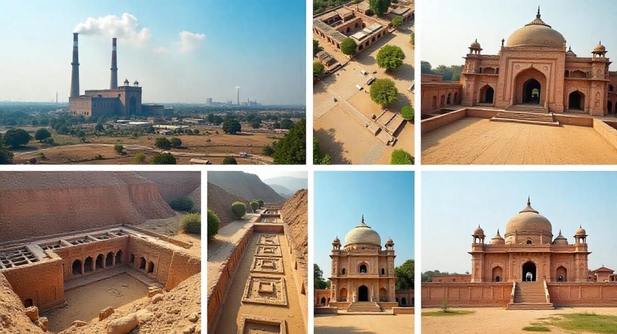 A collage of Hisar’s Jindal Steel Plant, Rakhigarhi excavation site, Firoz Shah Palace, and a Sufi shrine — showcasing what Hisar is famous for.