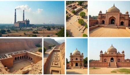 A collage of Hisar’s Jindal Steel Plant, Rakhigarhi excavation site, Firoz Shah Palace, and a Sufi shrine — showcasing what Hisar is famous for.