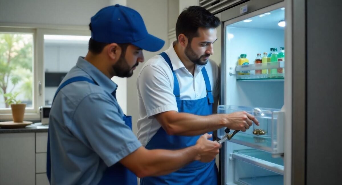 Technician refilling refrigerator gas in a modern kitchen in Hisar