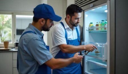 Technician refilling refrigerator gas in a modern kitchen in Hisar