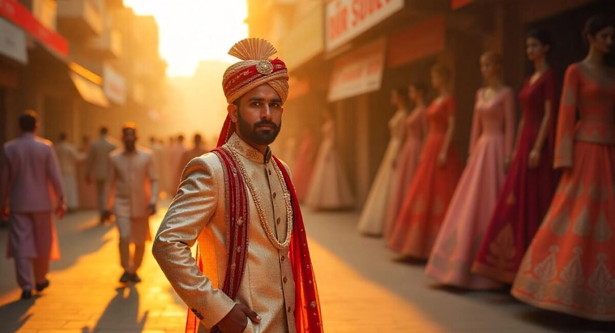 People shopping at popular clothing stores in Hisar, including Pantaloons, Trends, Vakil Garments, and Bindal’s Sarees, with ethnic and western outfits on display.