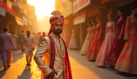 People shopping at popular clothing stores in Hisar, including Pantaloons, Trends, Vakil Garments, and Bindal’s Sarees, with ethnic and western outfits on display.