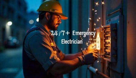 "A professional Indian electrician wearing a uniform and safety gloves, repairing a fuse box or electric meter at night, with sparks and tool kit visible, standing near a glowing house or emergency light symbol. Text overlay: '24/7 Emergency Electrician | Shiv Electrician & Appliances, Hisar'. Urban background, dark blue tones with glowing yellow highlights to indicate electricity and urgency."