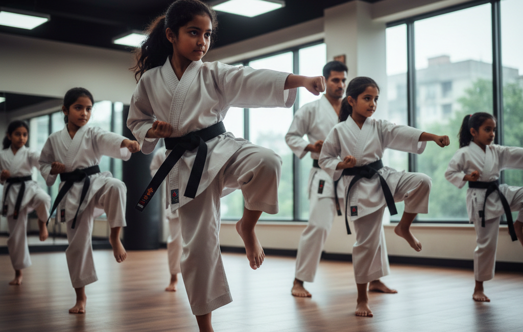 Women and children practicing self defense in Hisar martial arts academy