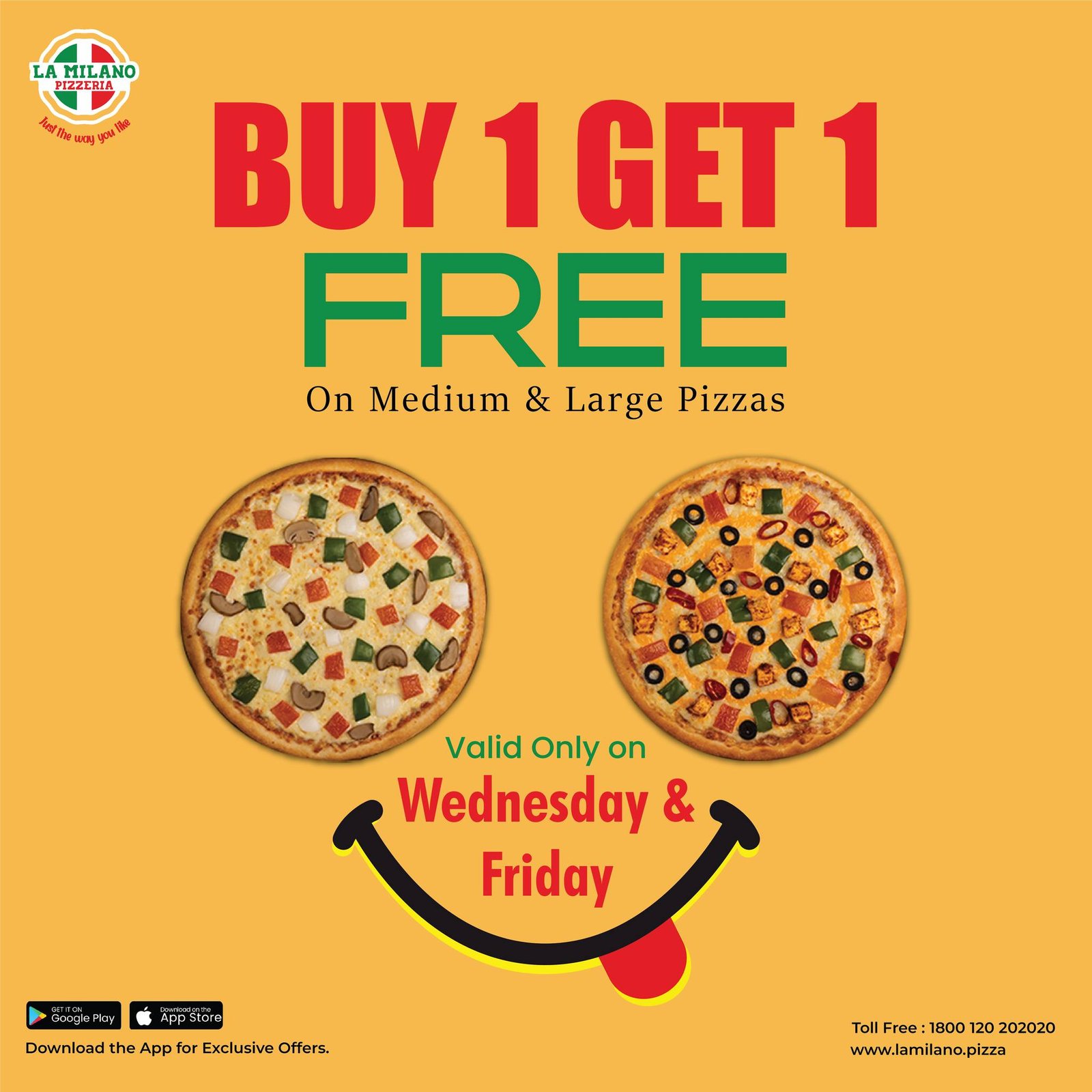 La Milano Pizzeria – Buy 1 Get 1 Free Pizza